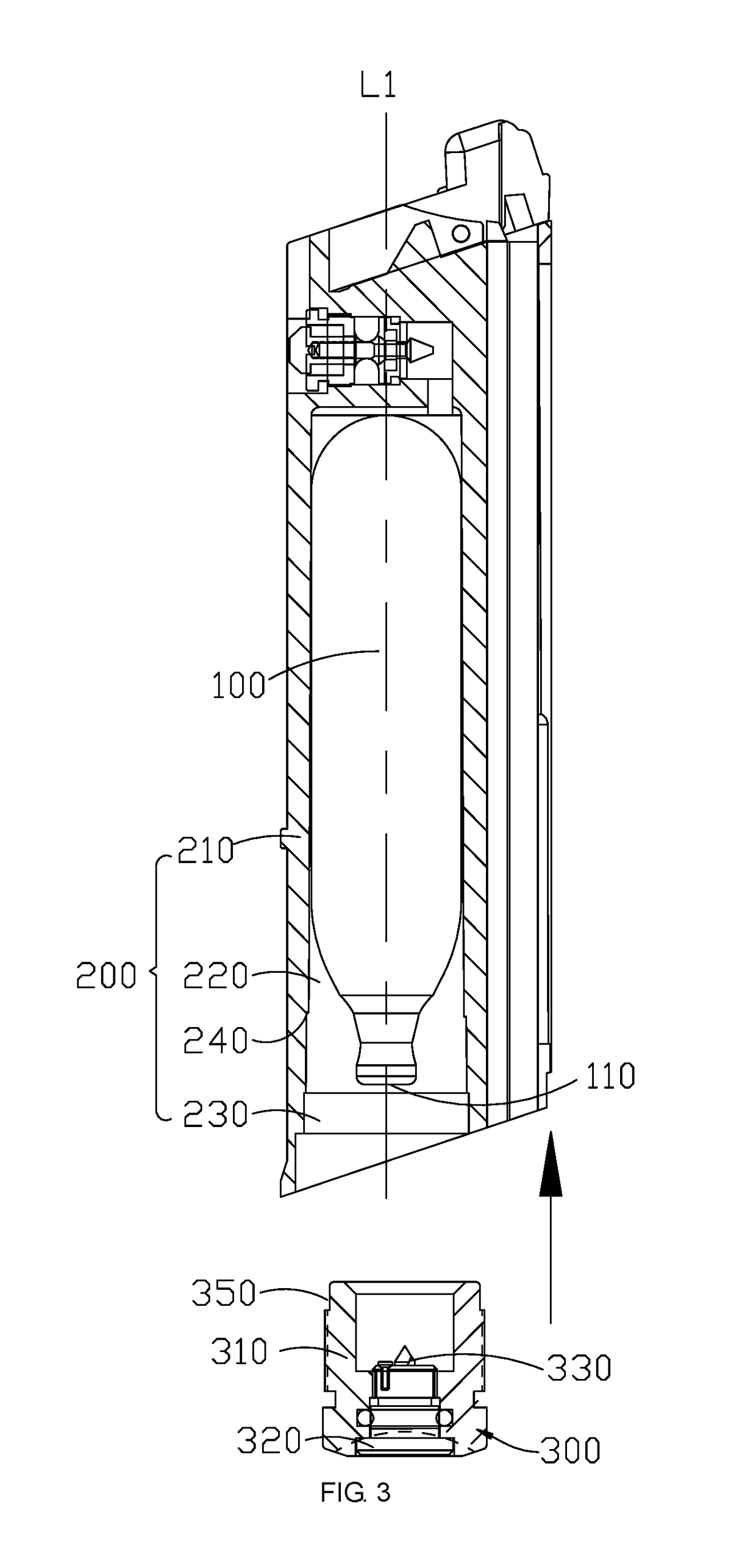 Piercing device for gas bottle, magazine and pistol comprising the same