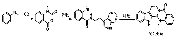 A kind of method that utilizes carbonylation reaction three-step method to synthesize evodiamine