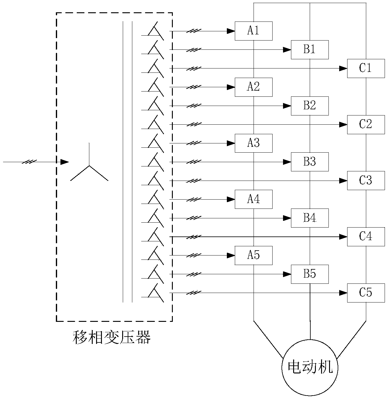 Two-motor driving type cascading multi-level inverter system without active front end and control method thereof