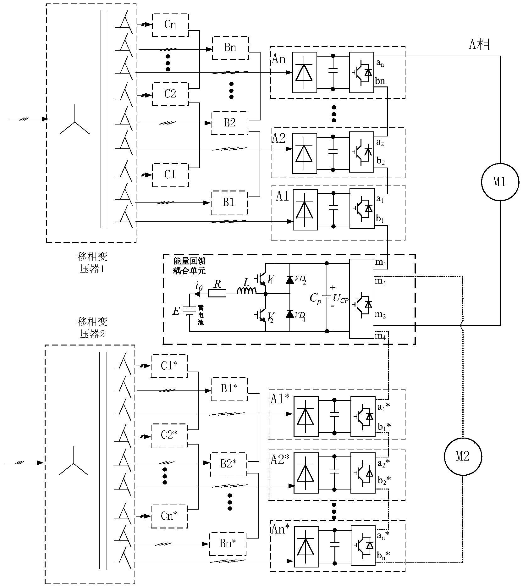 Two-motor driving type cascading multi-level inverter system without active front end and control method thereof