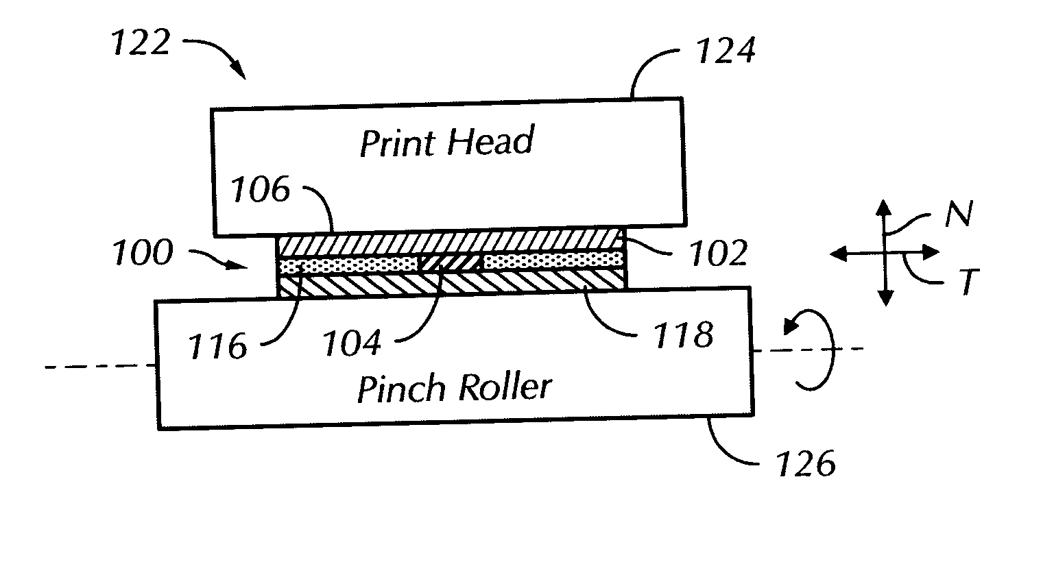 RFID tag that provides a flat print area and a pinch roller that enables the same