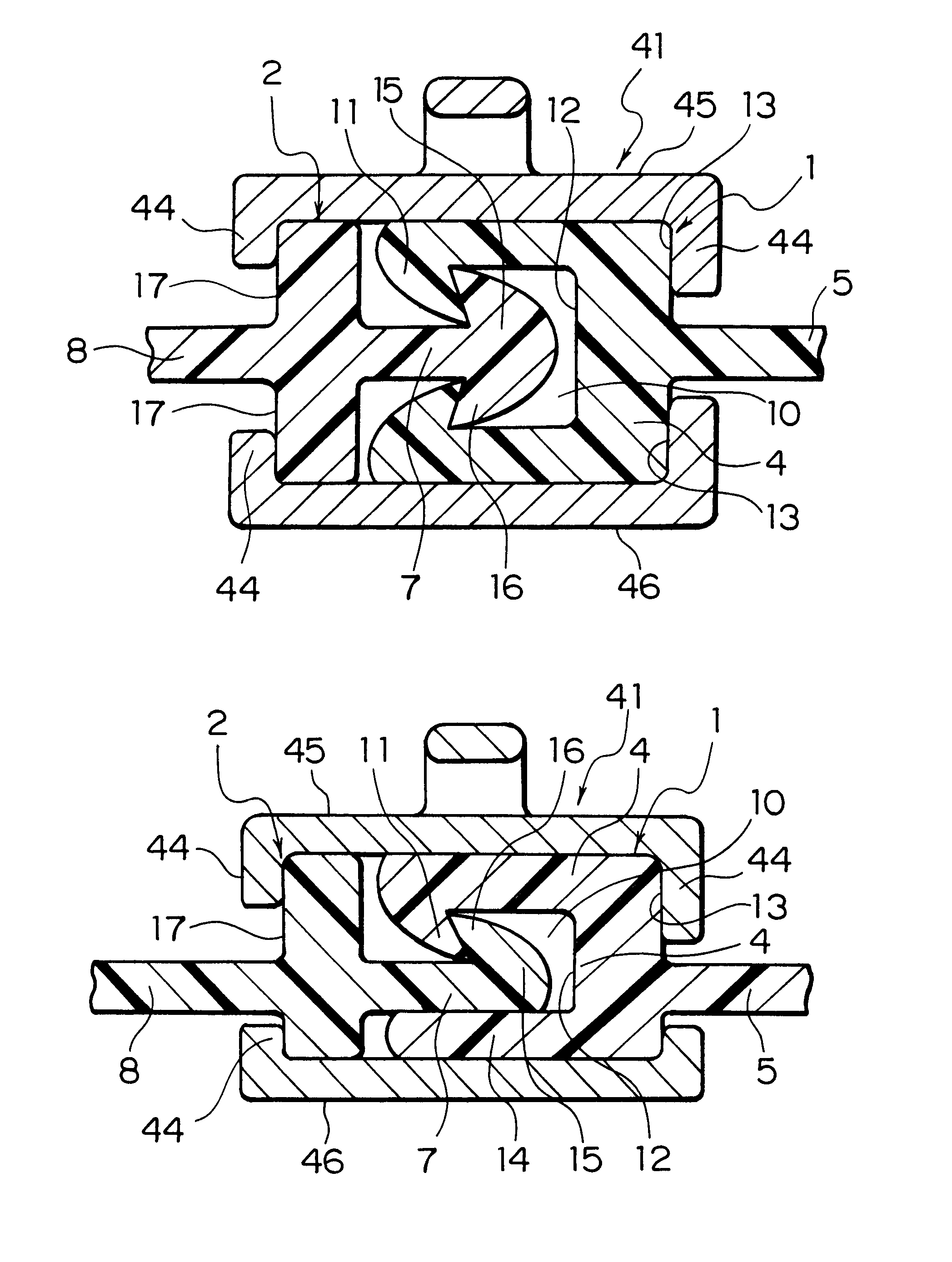 Meshing slide fastener with an engaging device