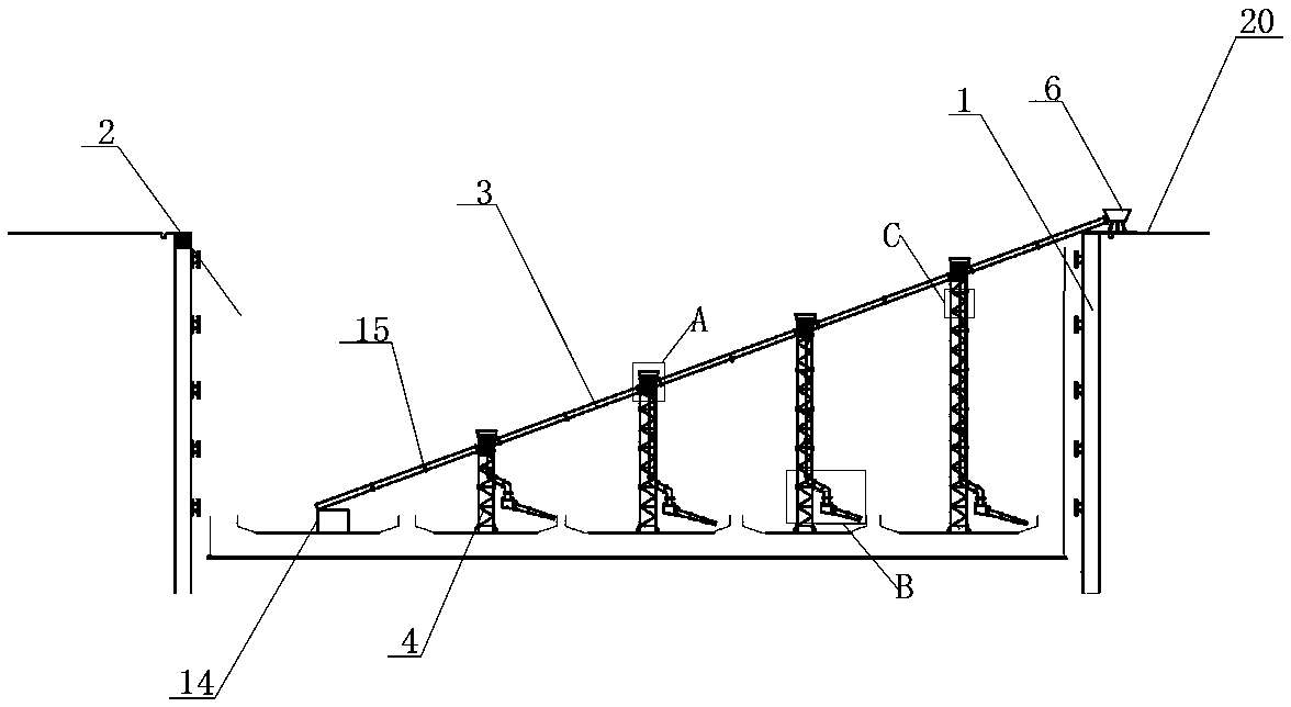 Large-volume concrete conveying device with rotatable deep foundation pit, and application method thereof