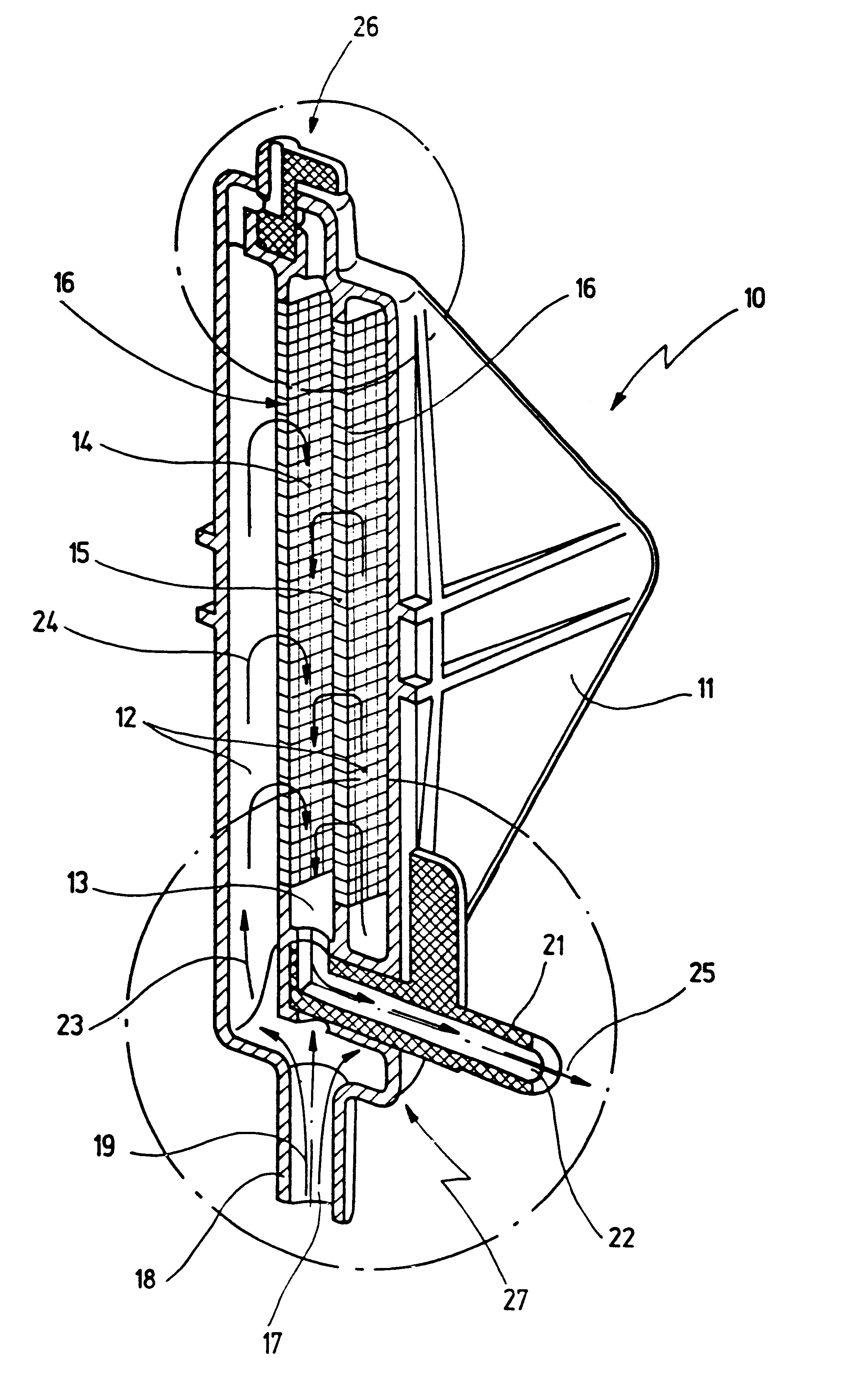 Apparatus for filtering and degassing body fluids, in particular blood filter