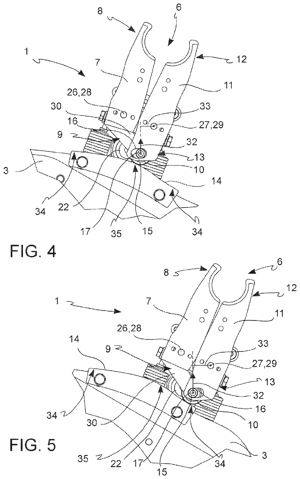 Handling device for containers provided with clamps for opening on command