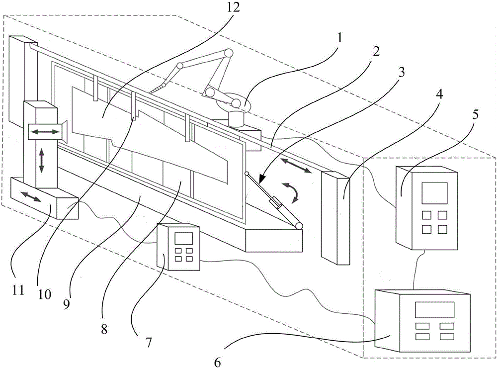 Vertical overturning laser peening forming device for integral aircraft wing panel and processing method