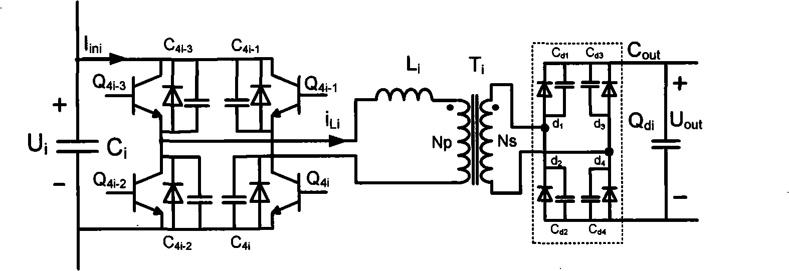 Input-series-output-parallel automatic voltage equalizing DC transformer based on full-bridge topological structure