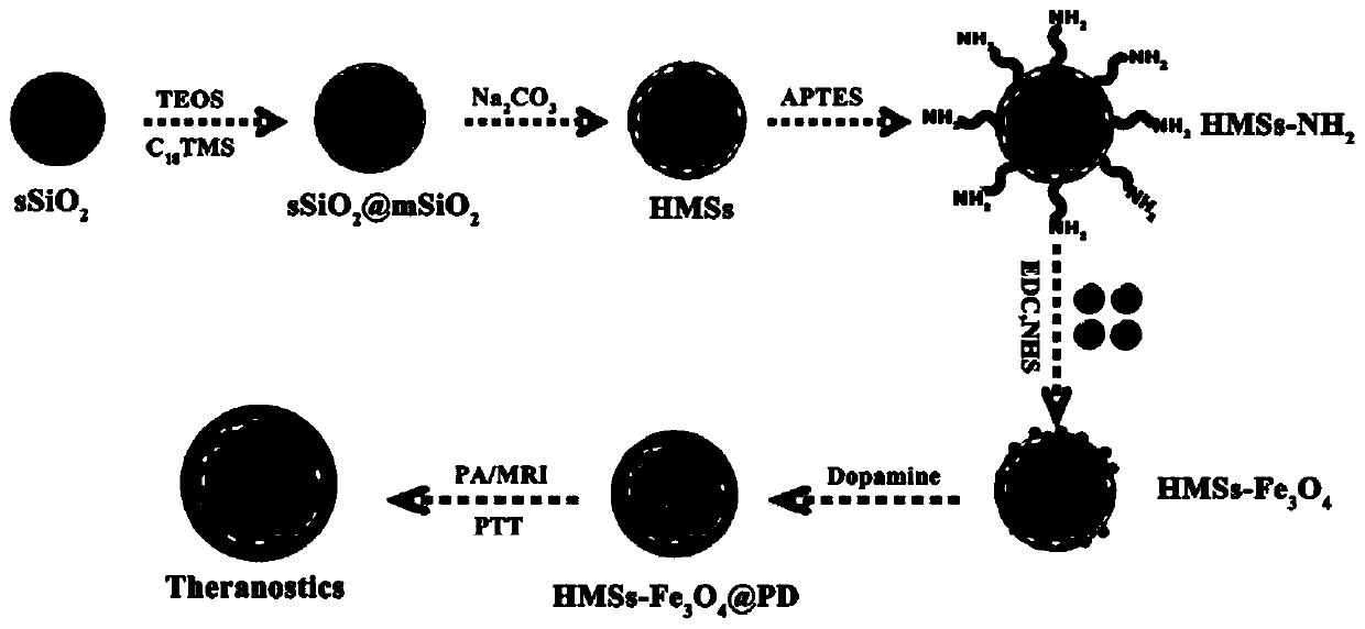 A magnetic mesoporous silica nanomaterial wrapped with polydopamine and its preparation and application