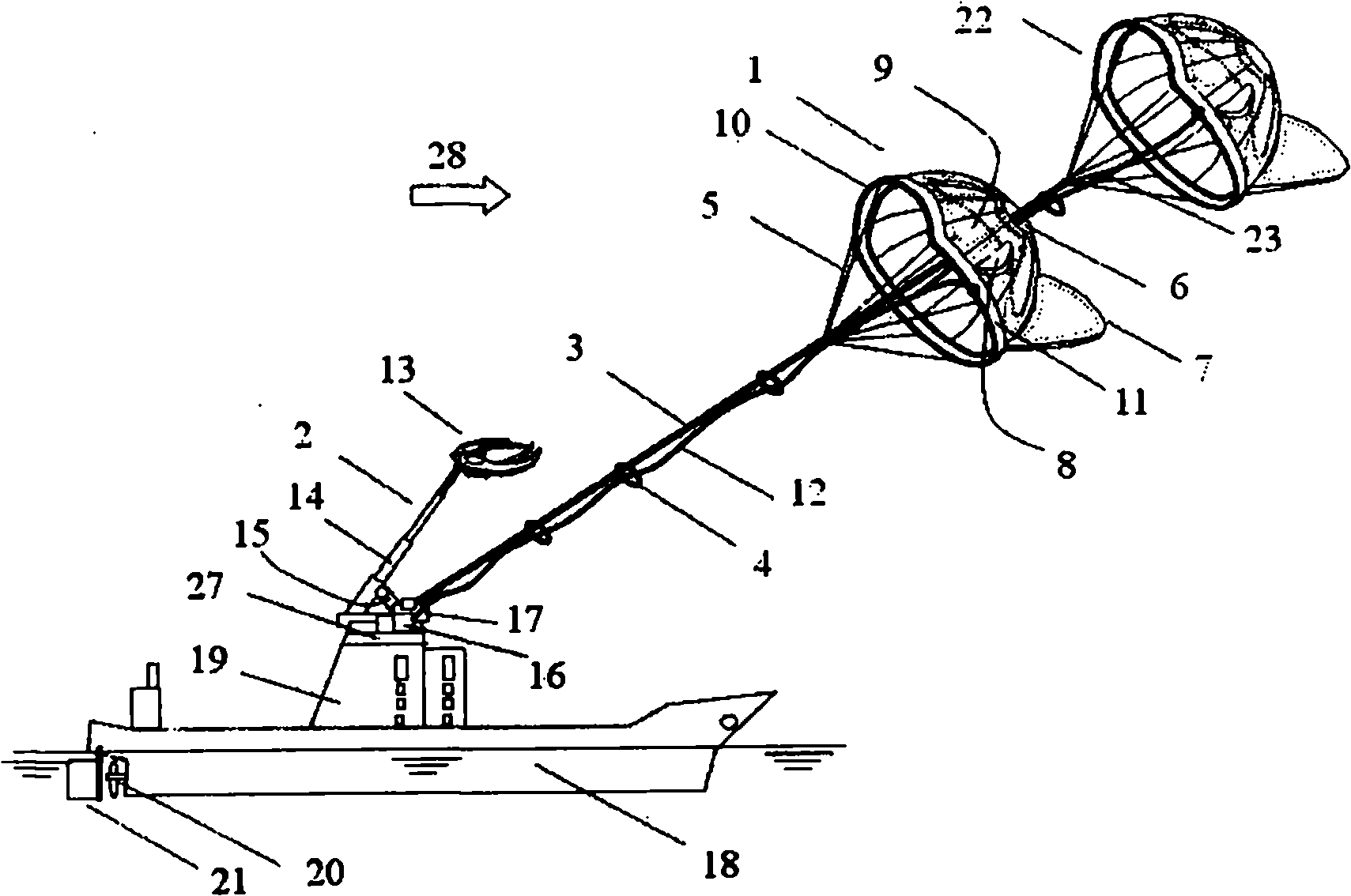 Retractable long-distance suspension wind-energy parasail device for ship navigation