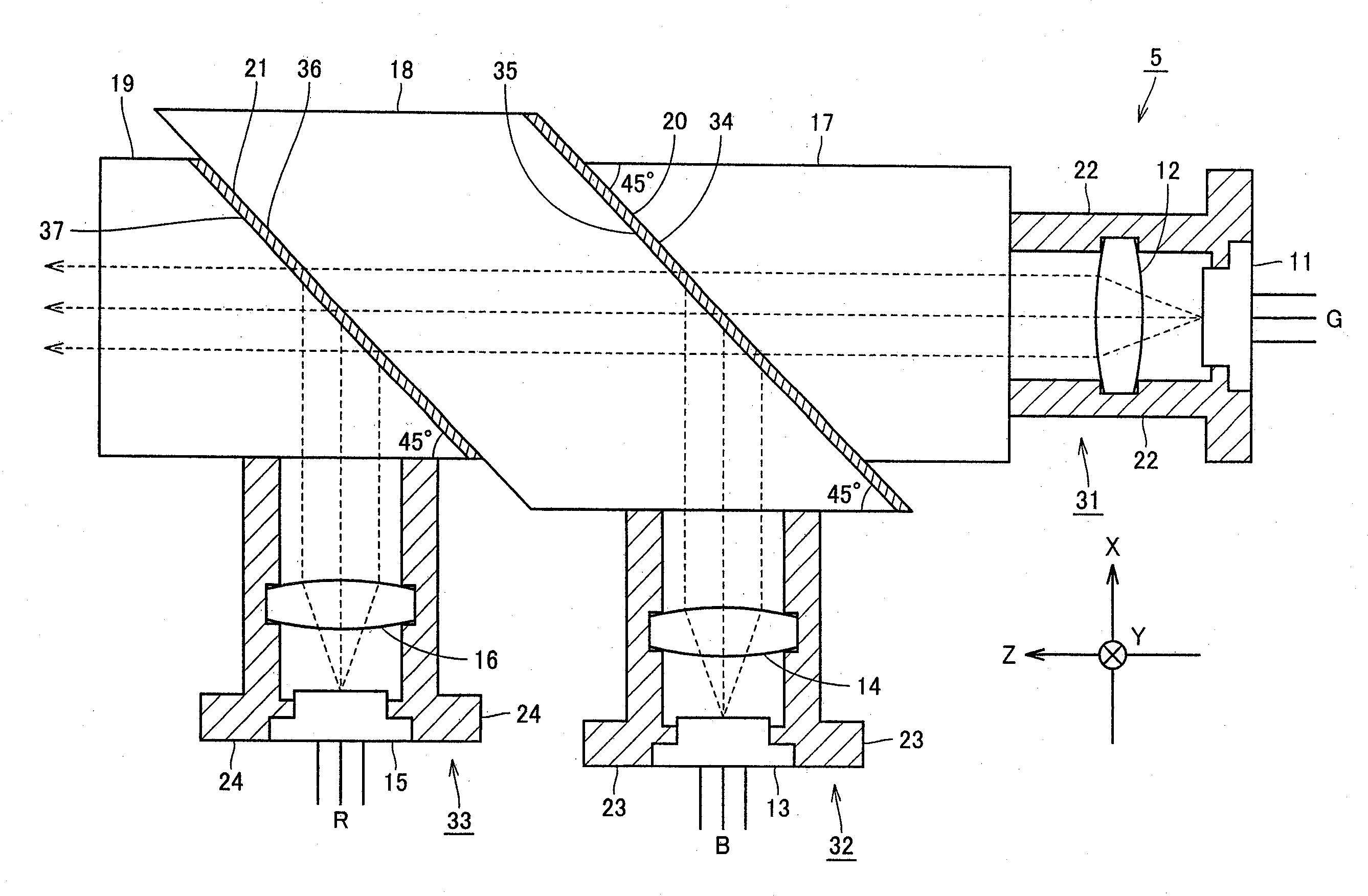 Projector emitting laser light of multiple colors and optical axis adjusting method for the projector
