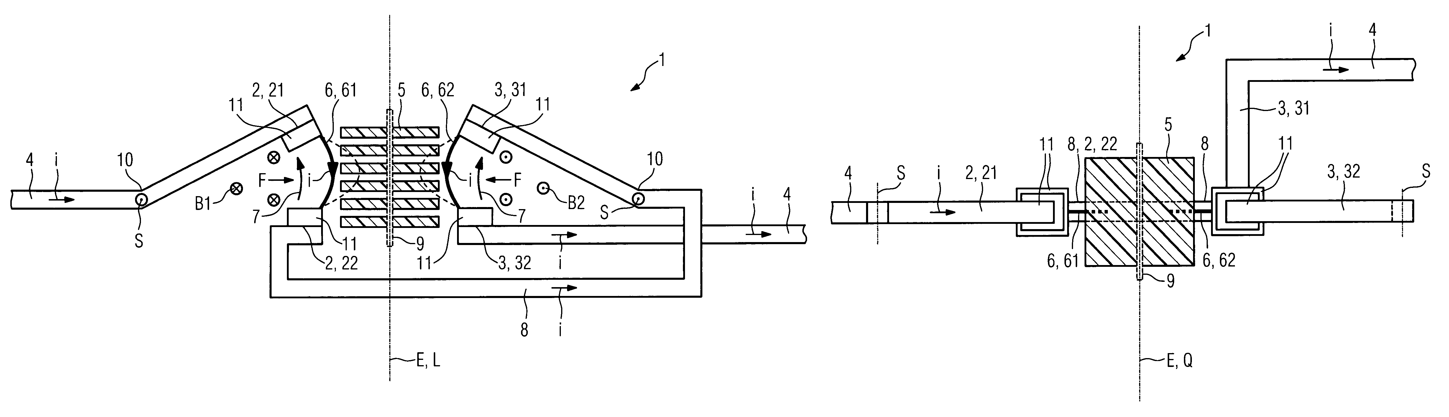 Switching device, in particular a power switching device, having two pairs of series-connected switching contacts for interrupting a conducting path