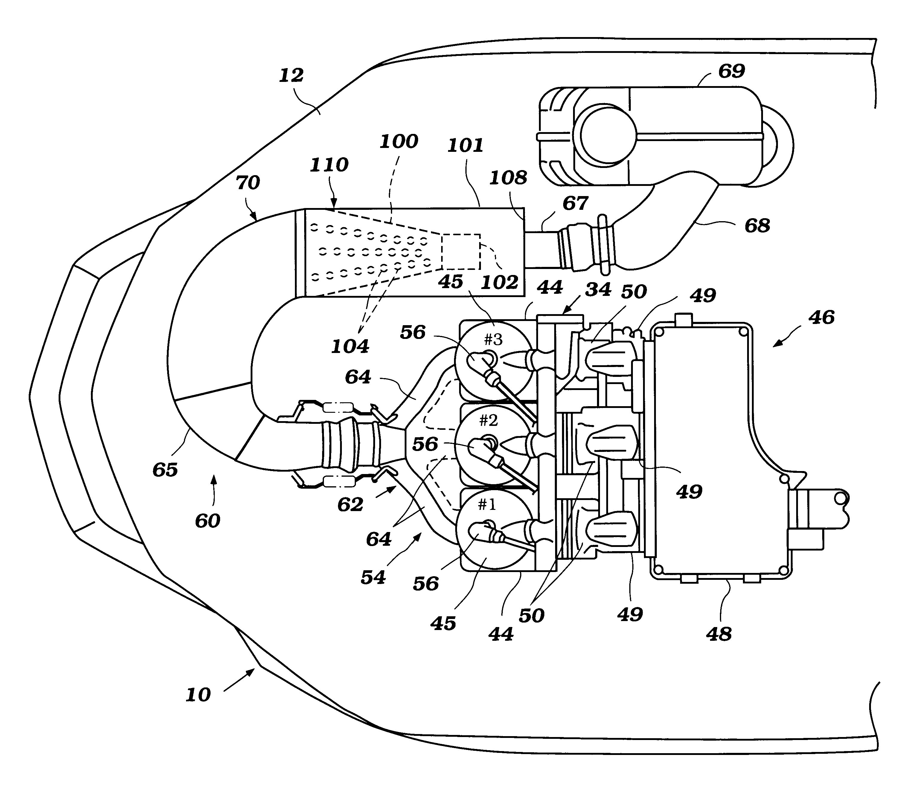 Two stroke, multiple cylinder engine for small vehicle