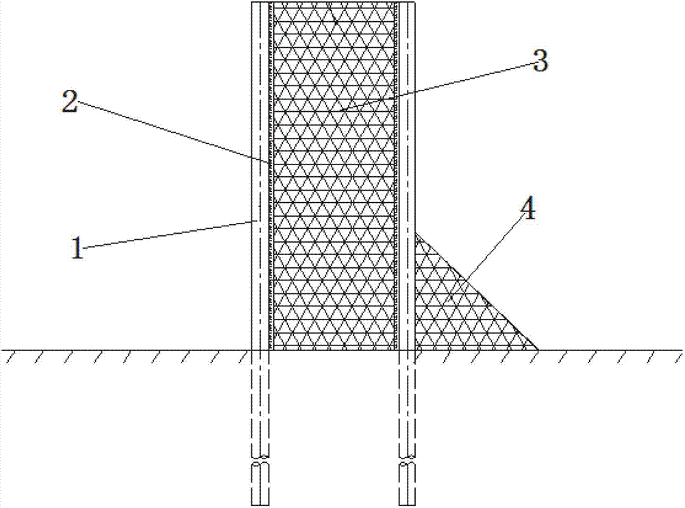 Dam with pile groups and permeable frame and construction method of dam