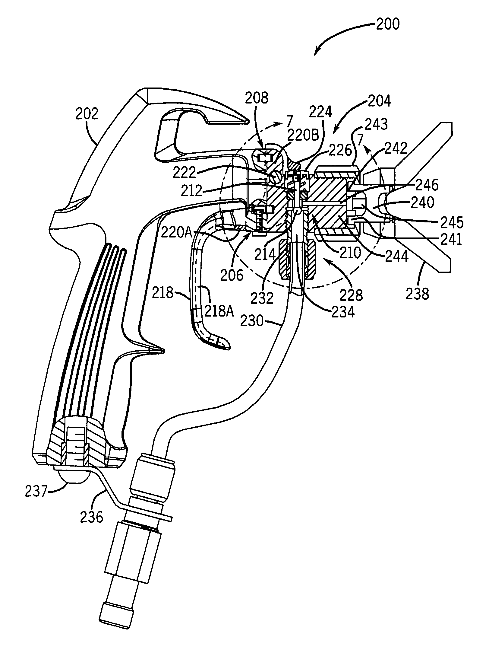 Airless spray gun having overhead valve and removable head