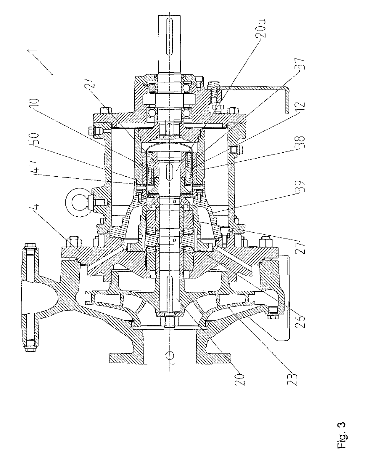 Pump arrangement for driving an impeller using an inner rotor which interacts with an outer rotor and the outer rotor having a radially outer circumferential projection