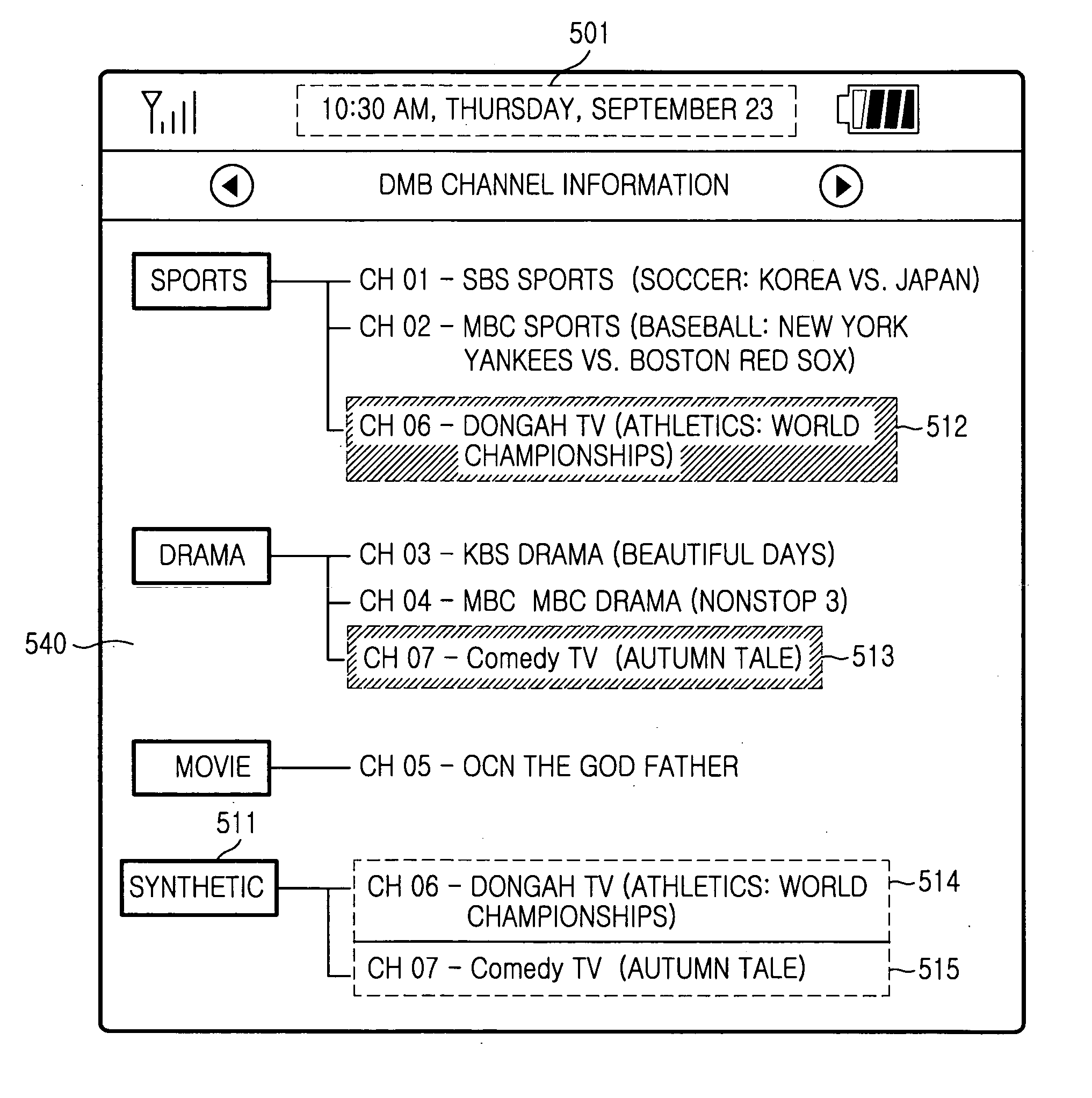 Method for registering and displaying digital multimedia broadcasting channels in a mobile terminal with a function for receiving digital multimedia broadcasting