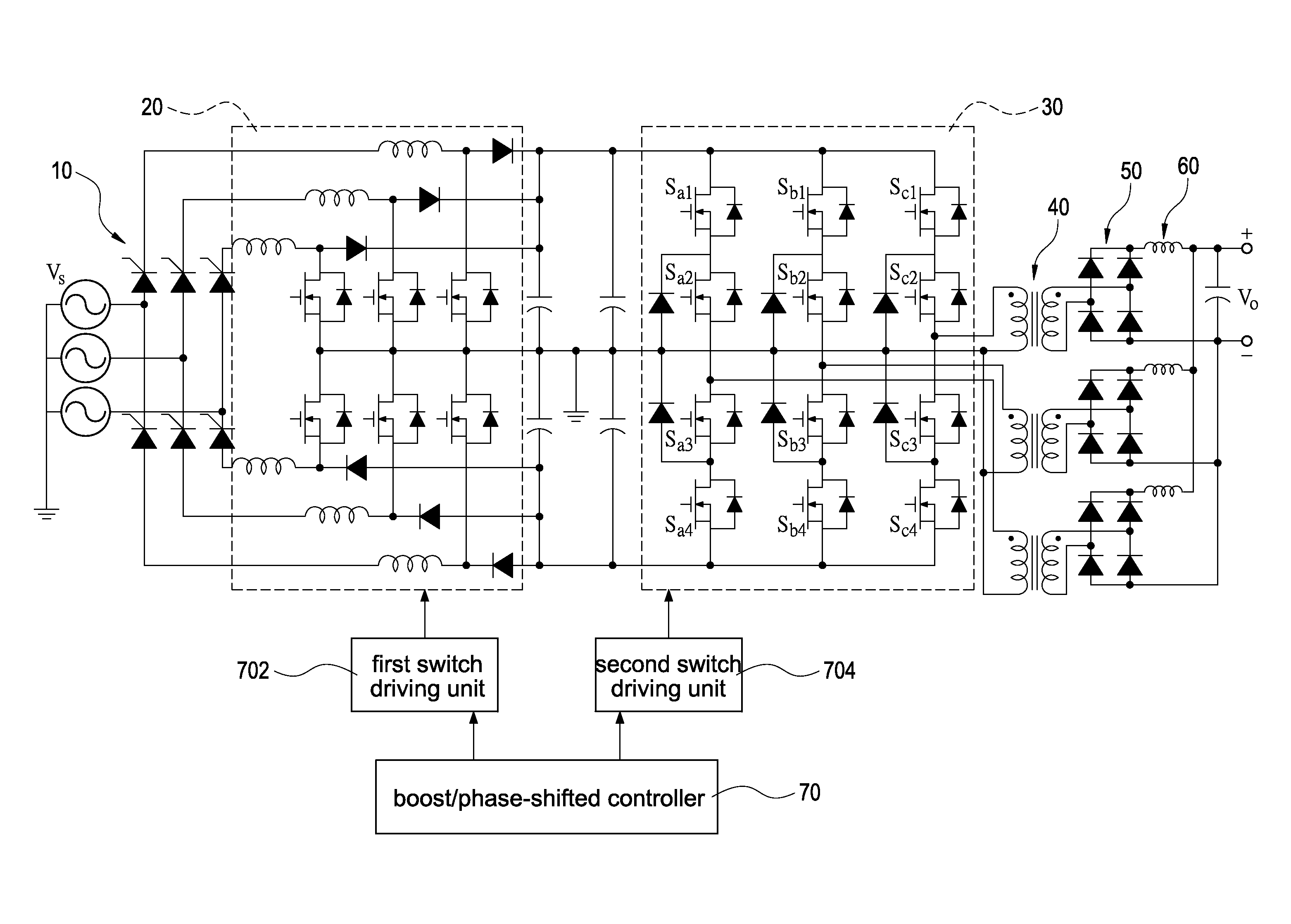 Three-phase power supply with three-phase three-level DC/DC converter