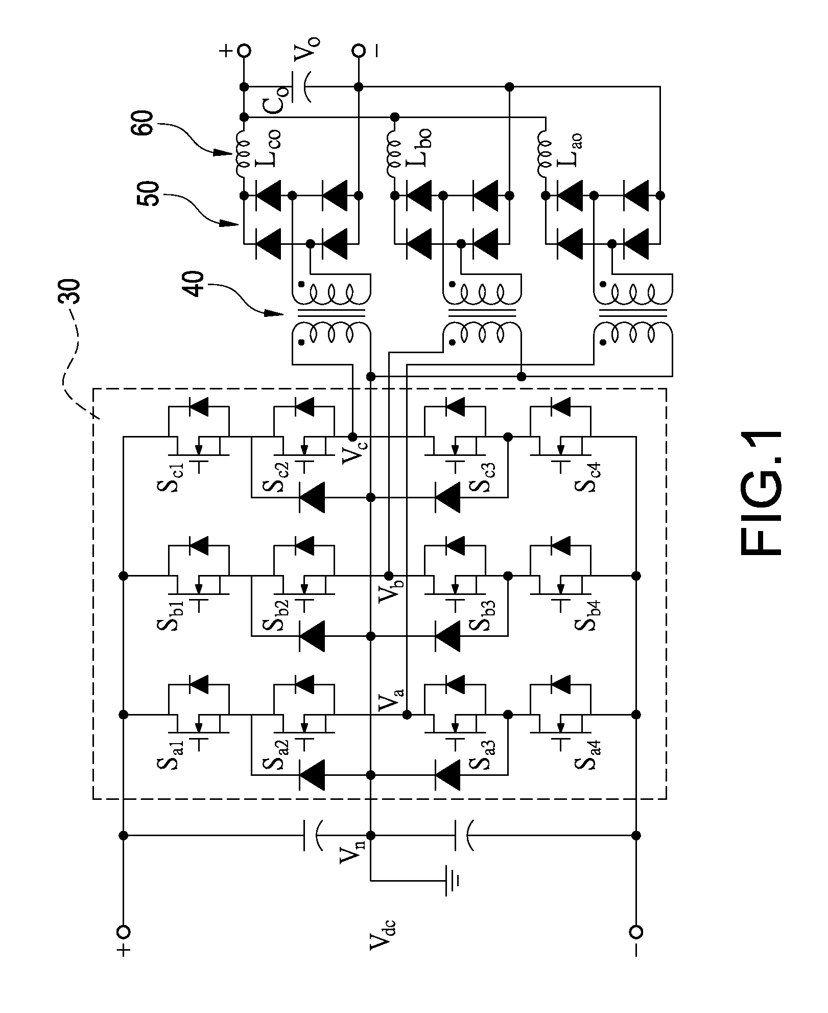 Three-phase power supply with three-phase three-level DC/DC converter