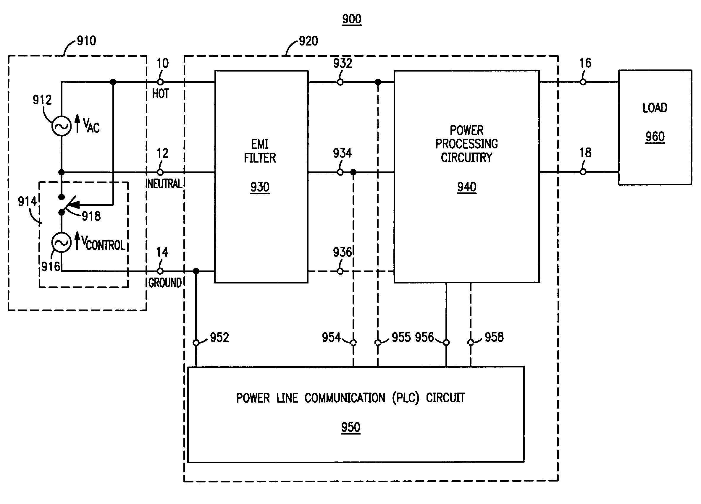 Arrangement and method for providing power line communication from an AC power source to a circuit for powering a load, and electronic ballasts therefor