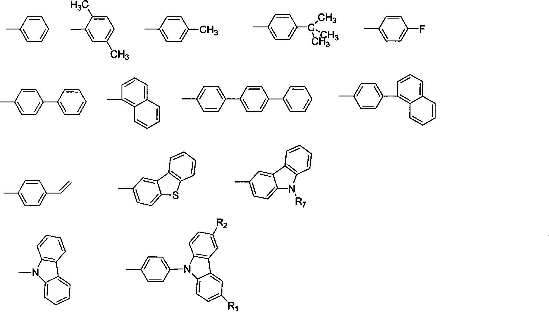 Synthesis of novel organic luminescent material containing triphenylethylene carbazole derivant structure and application thereof