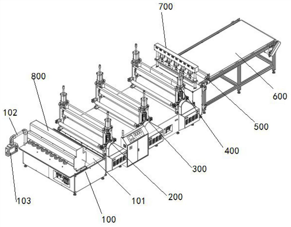 Continuous production device capable of bonding, stretching, and cutting honeycomb core