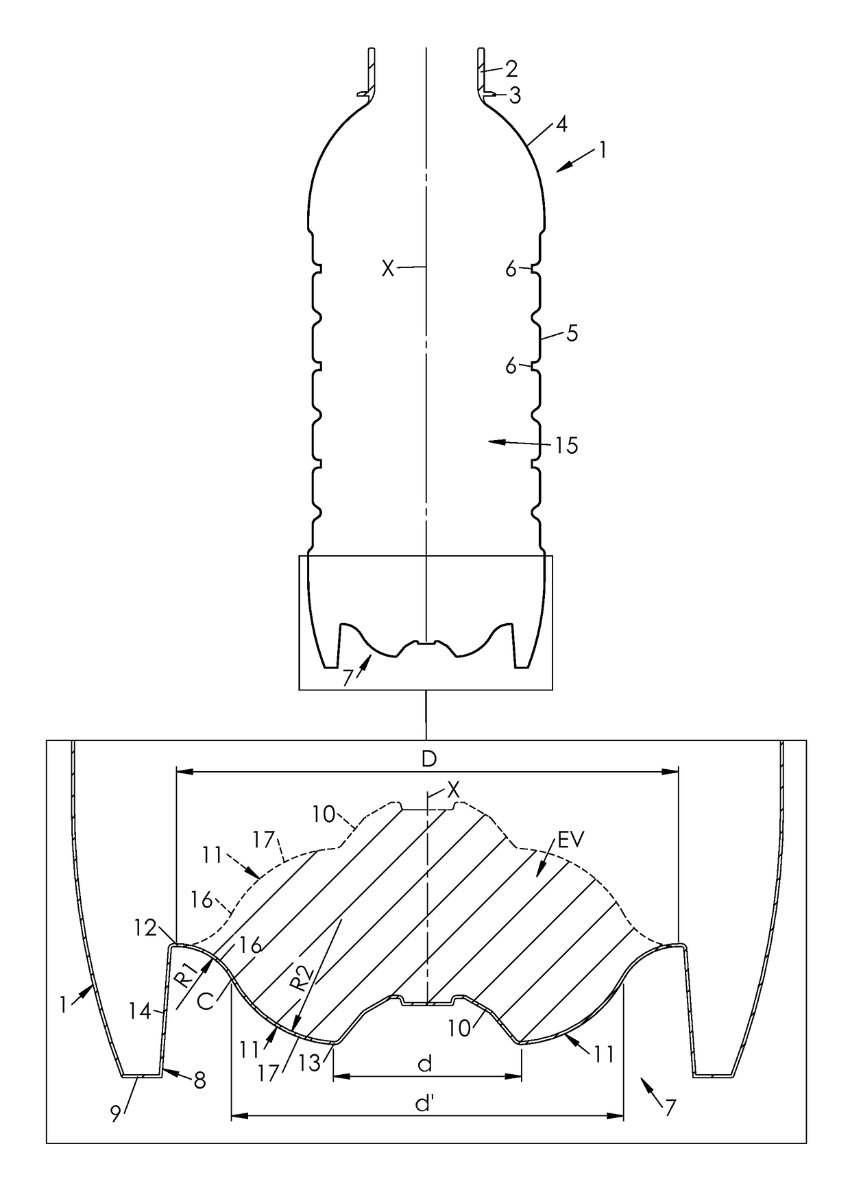Container provided with a curved invertible diaphragm