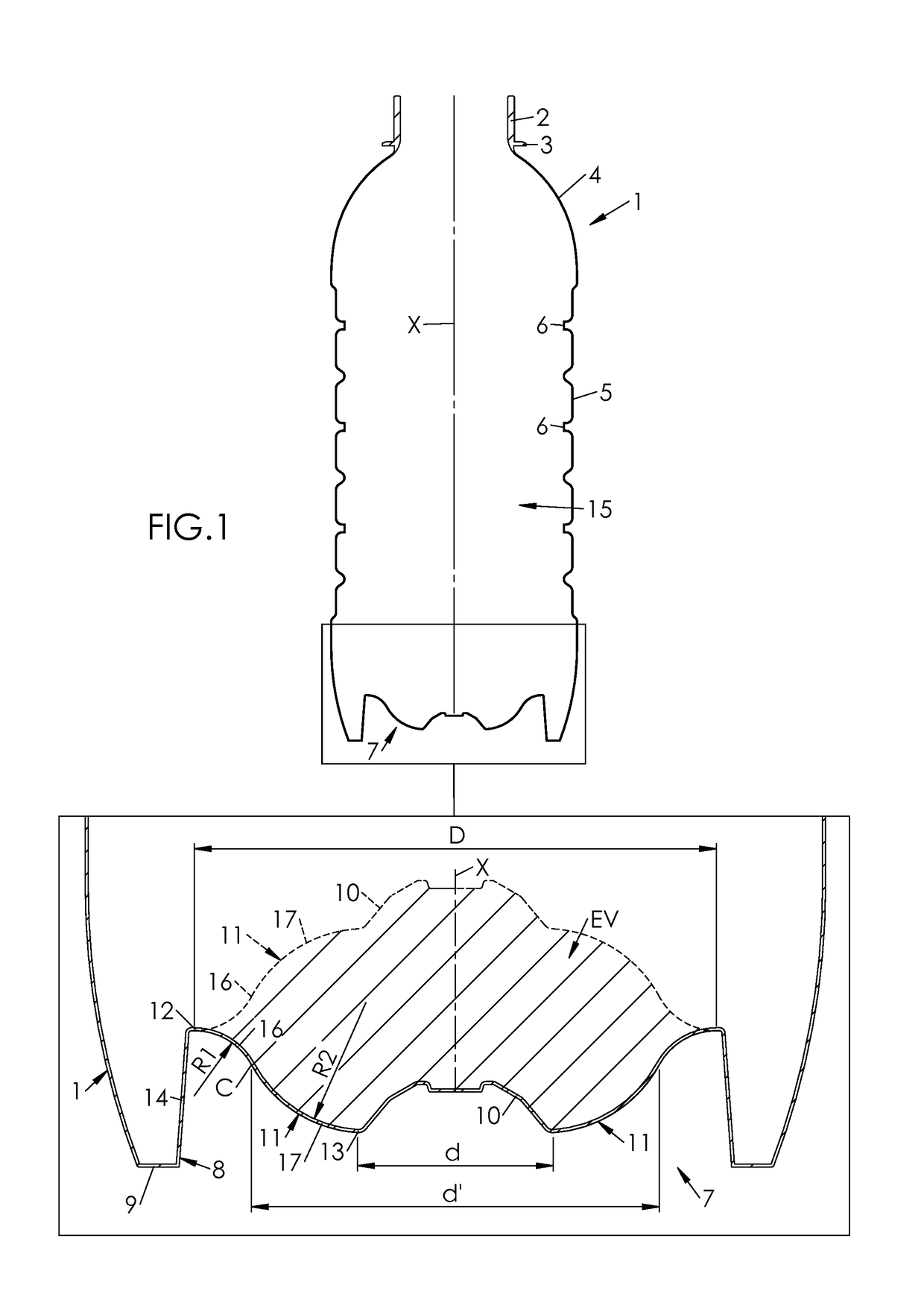 Container provided with a curved invertible diaphragm