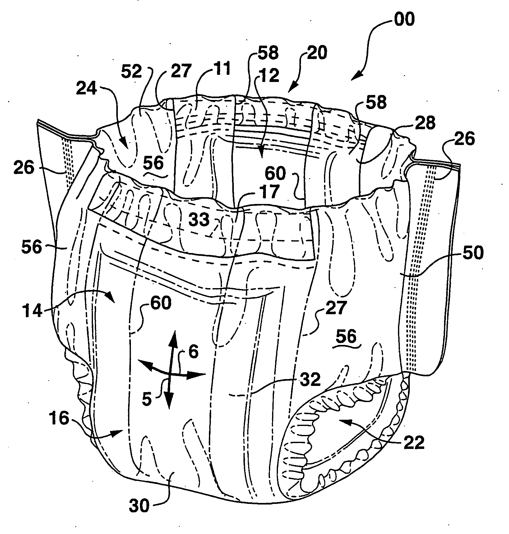 Absorbent article with low coefficient of friction between materials of differential tensions