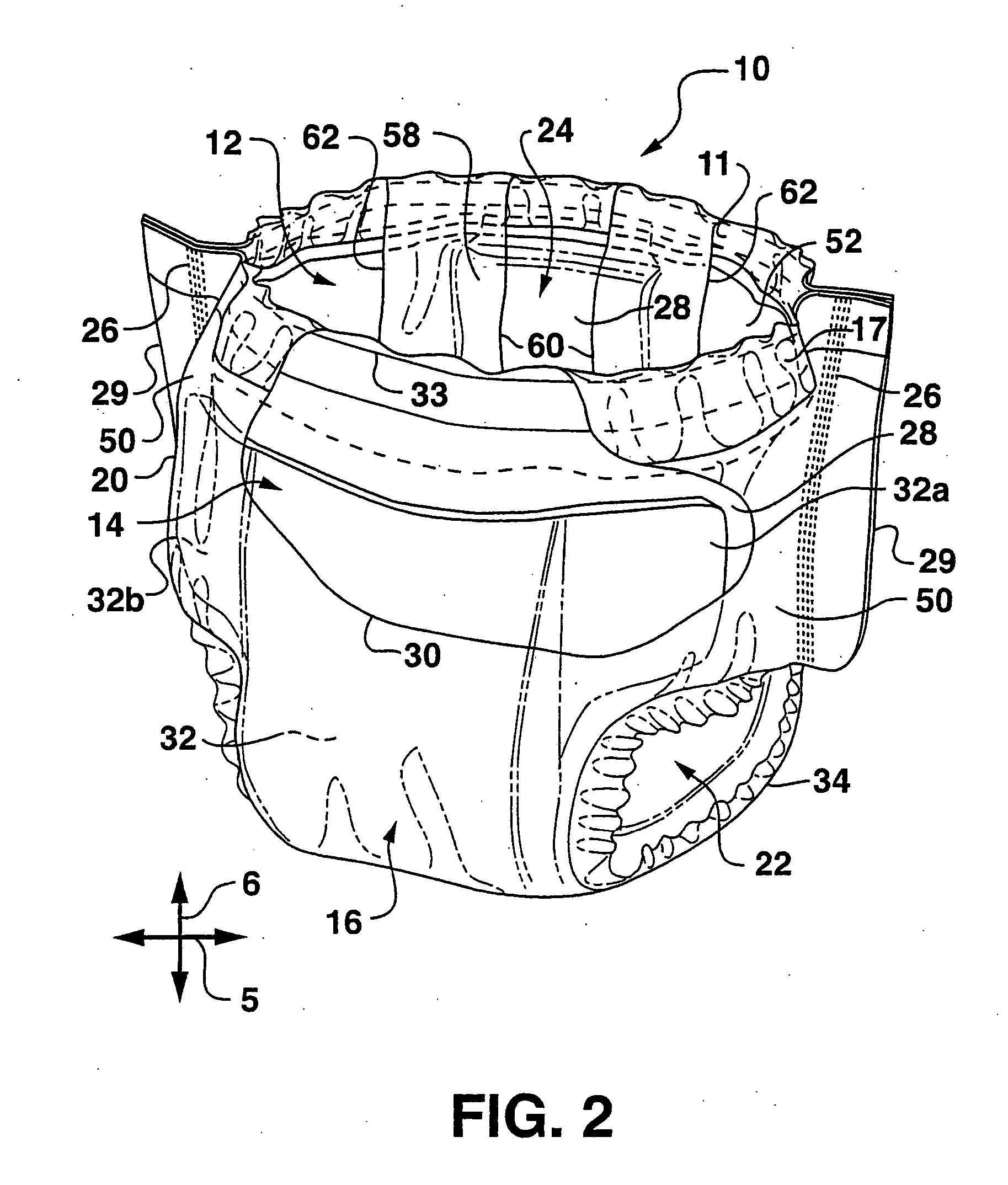 Absorbent article with low coefficient of friction between materials of differential tensions