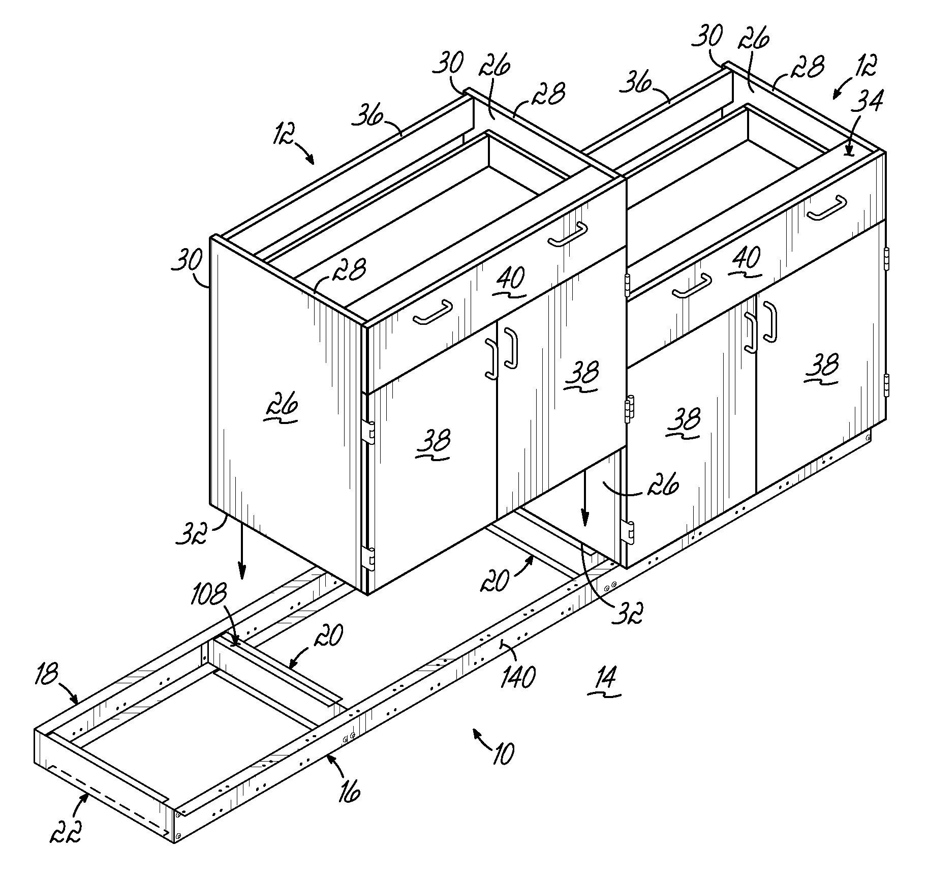 Platform assembly for supporting cabinets