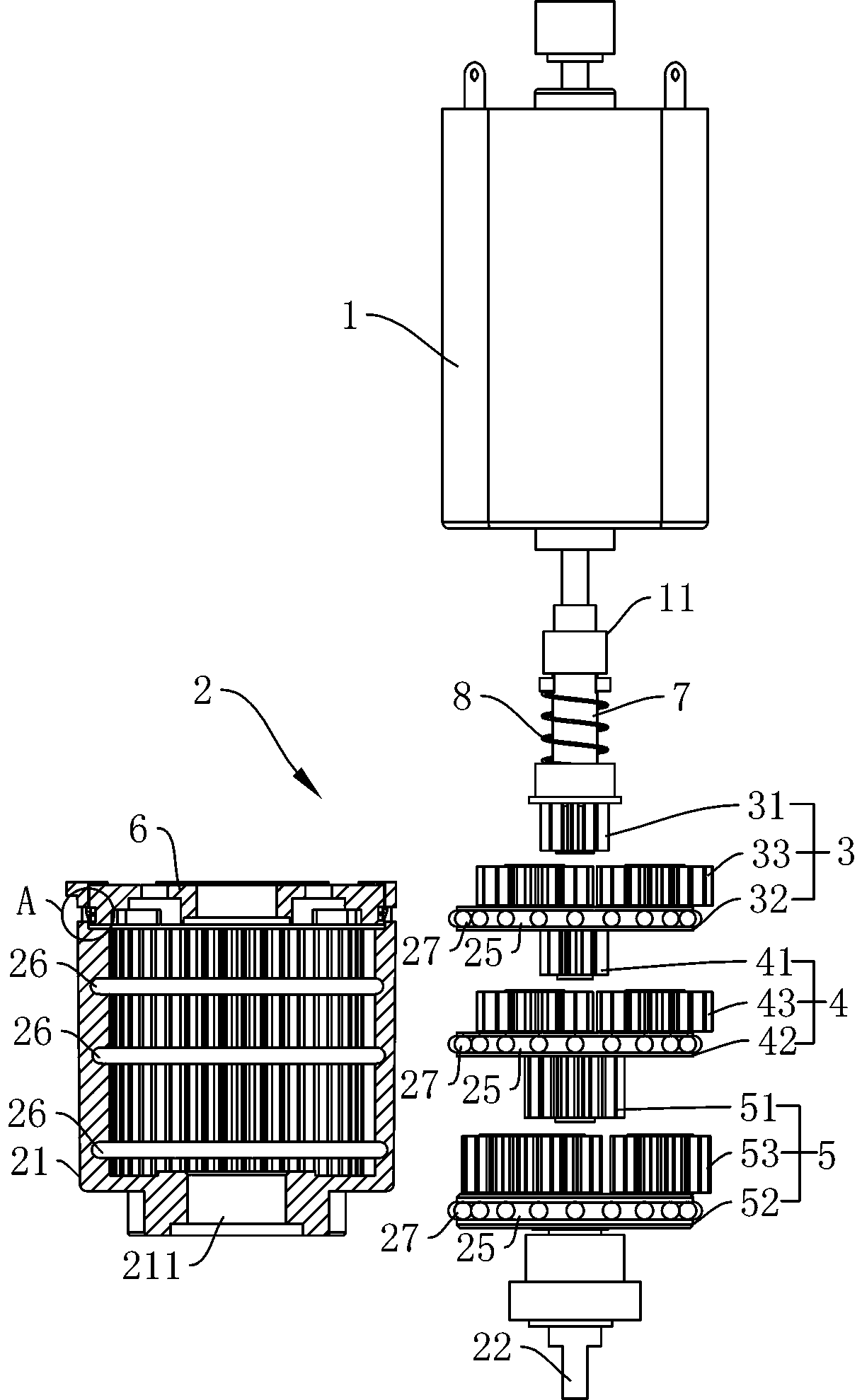 Tubular motor reduction gearbox with protection mechanism