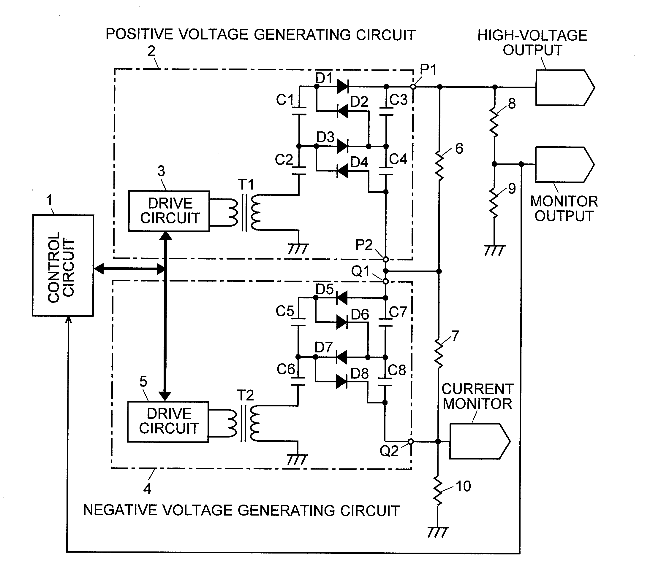 High-voltage power unit and mass spectrometer using the power unit