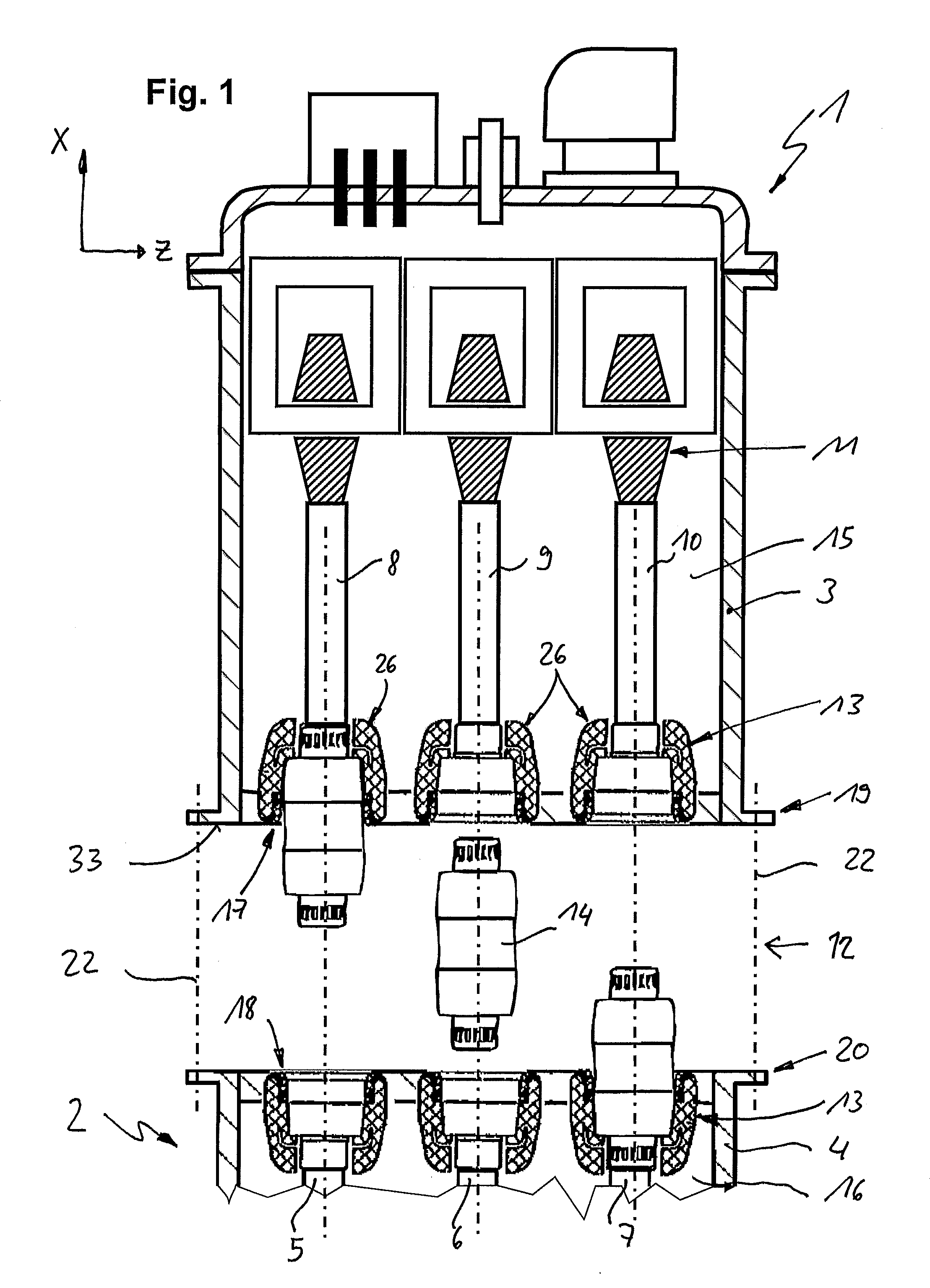 Plug-in primary power connections of two modules of a gas-insulated high-voltage switchgear assembly
