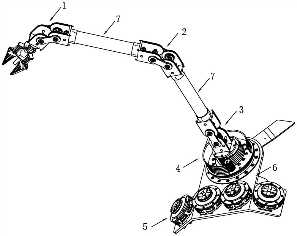 Three-arm serial connection type auxiliary operation supernumerary robotic limb based on steel wire driving