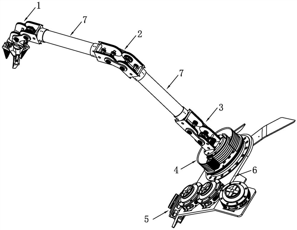 Three-arm serial connection type auxiliary operation supernumerary robotic limb based on steel wire driving