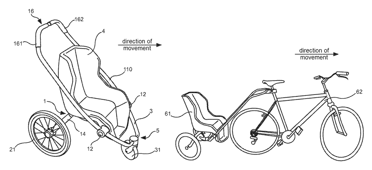 Stroller for a child which is convertible into bicycle trailer