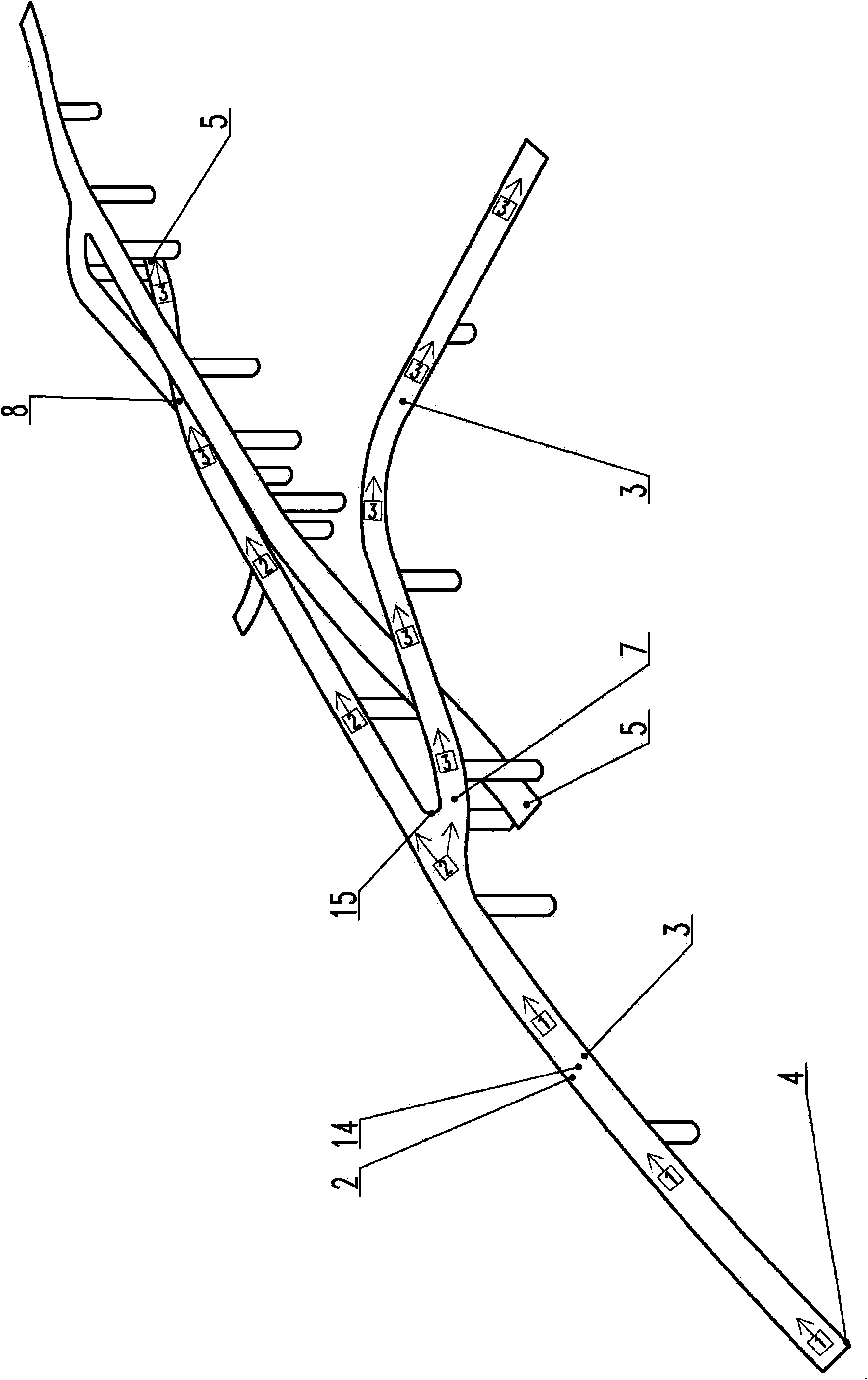 Combination bridge of two right-turn and straight-going "y"-shaped bifurcated bridges