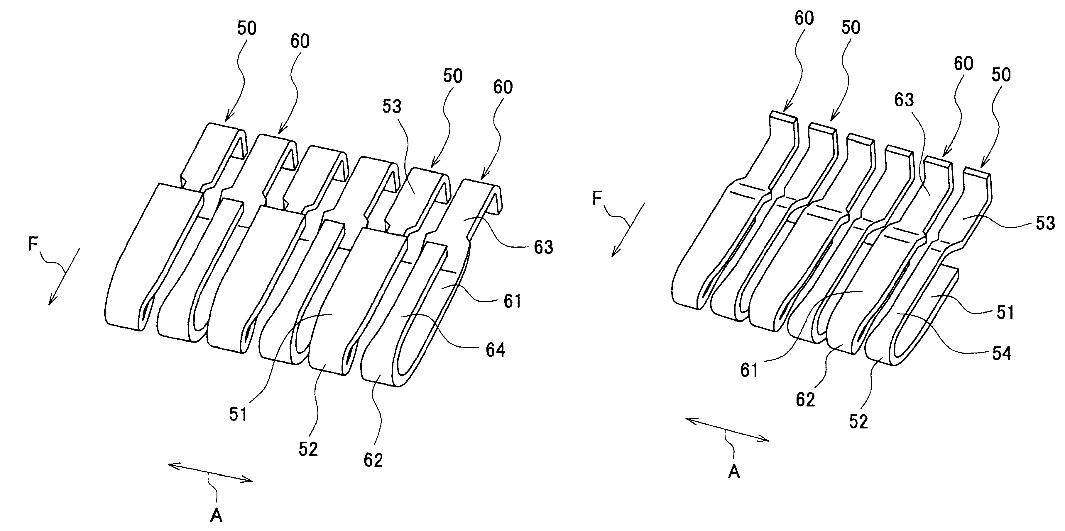 Connector having contacts with a linkage portion having a width smaller than that of the contact portion