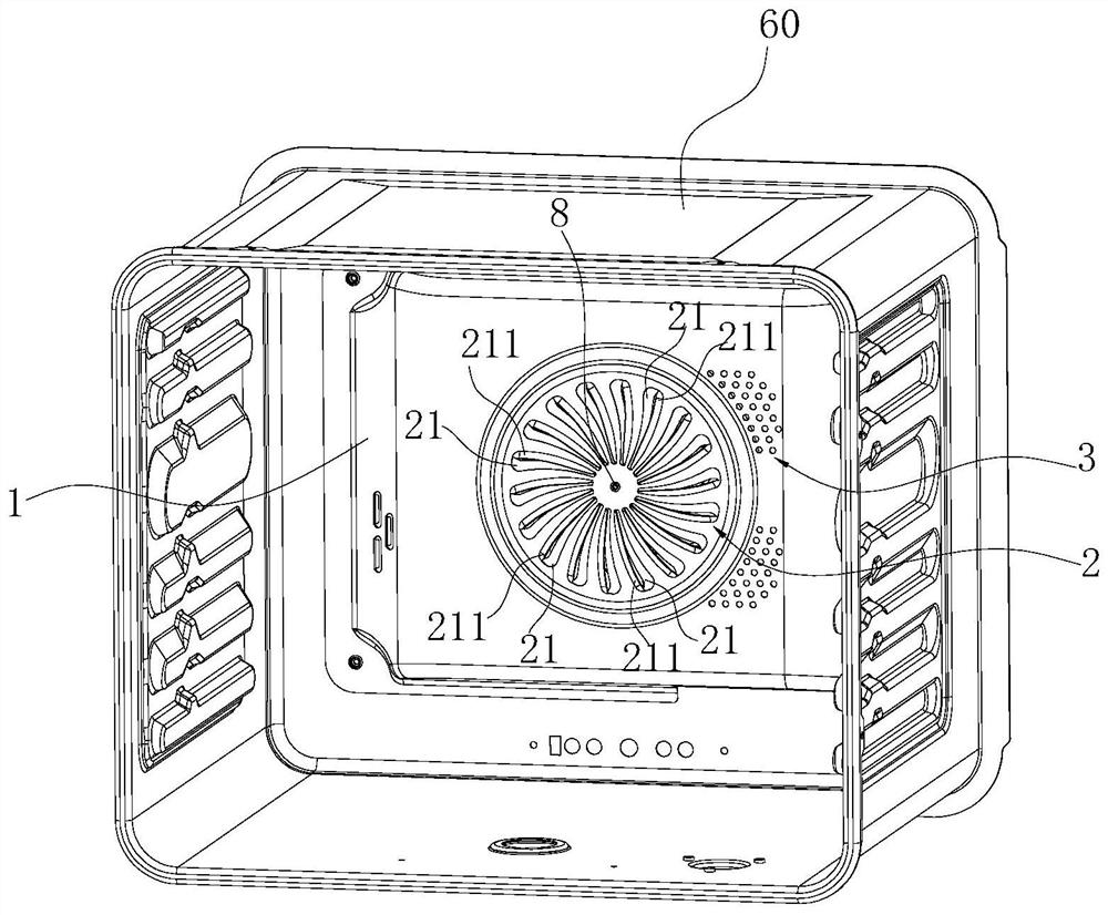 Hot air baffle structure for cooking device and oven