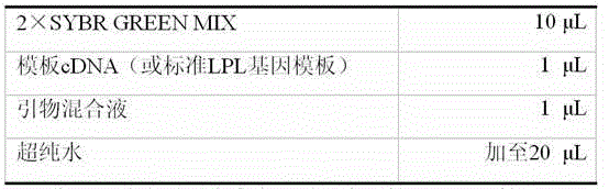 Specific primers for detecting mRNA expression level of bovine LPL (lipoprotein lipase) genes and fluorescent quantitative detecting kit