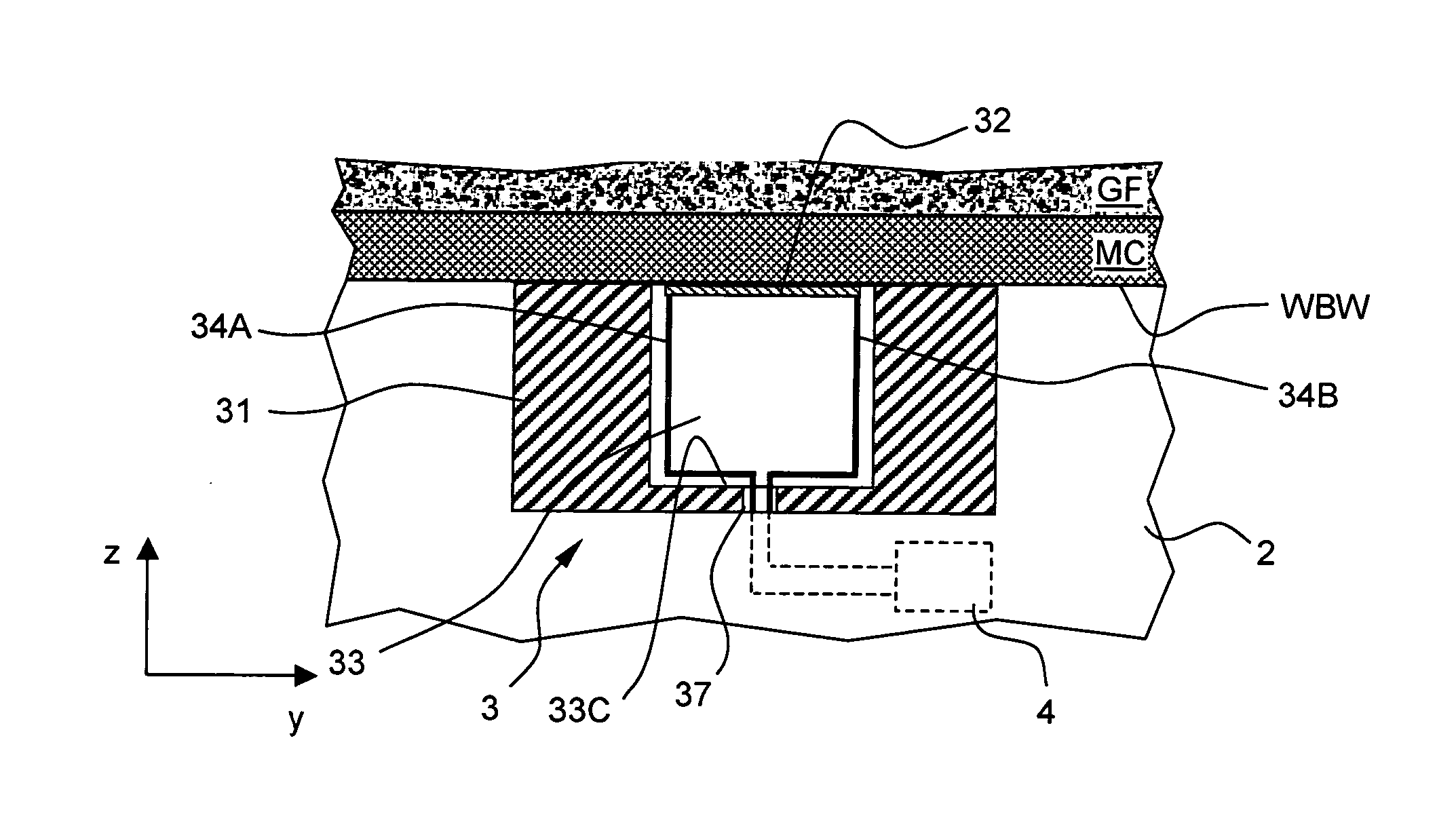 Antenna of an electromagnetic probe for investigating geological formations