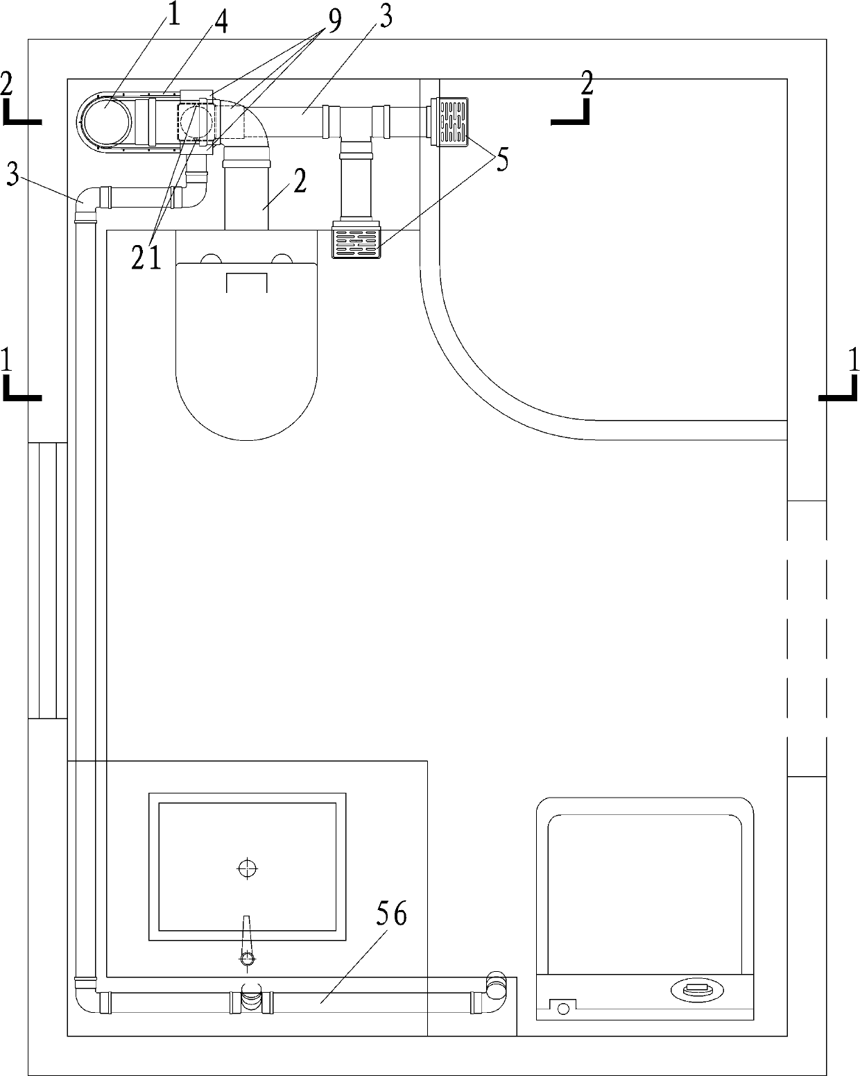 Same floor drainage system without falling plate in bathroom