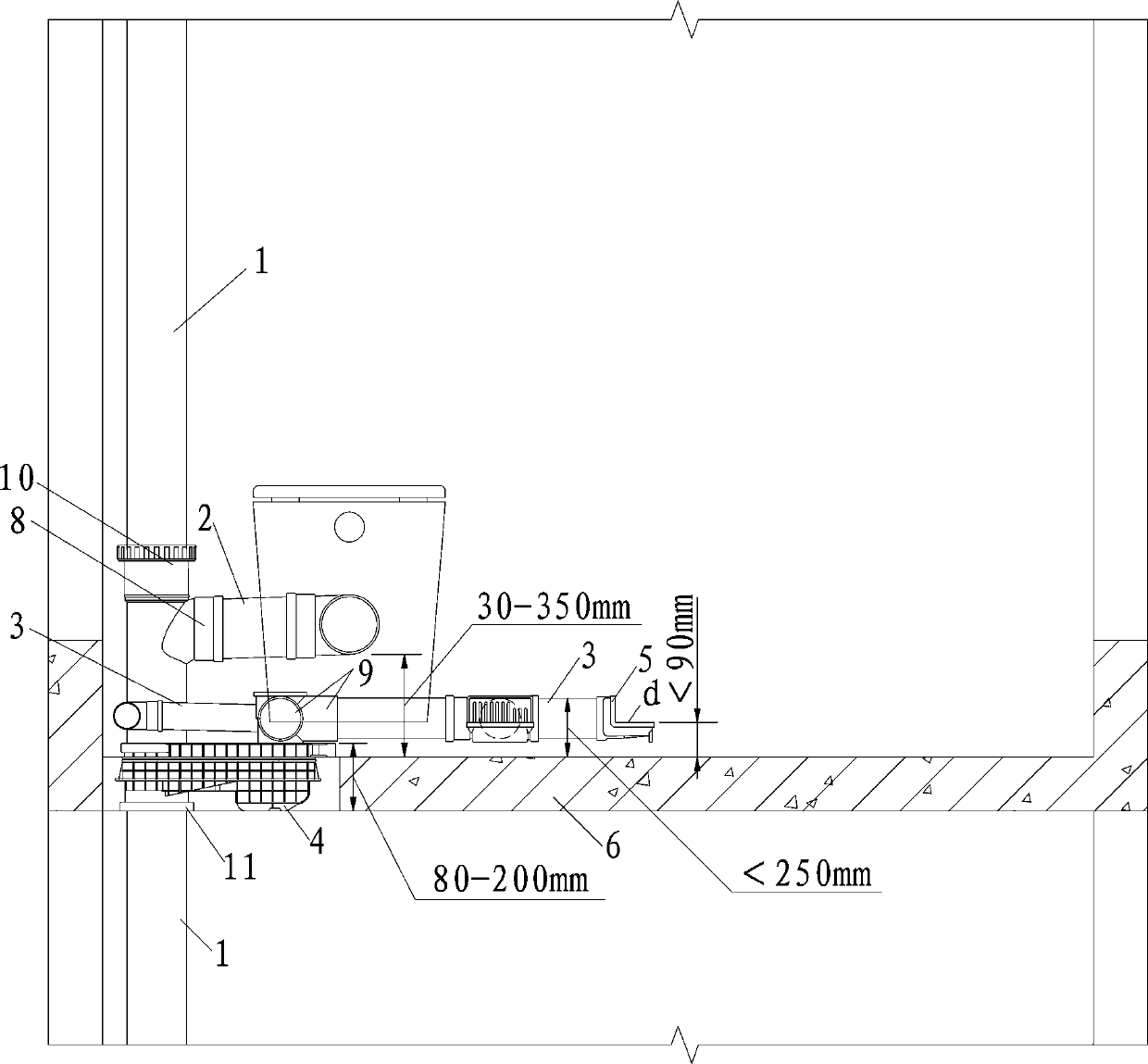 Same floor drainage system without falling plate in bathroom