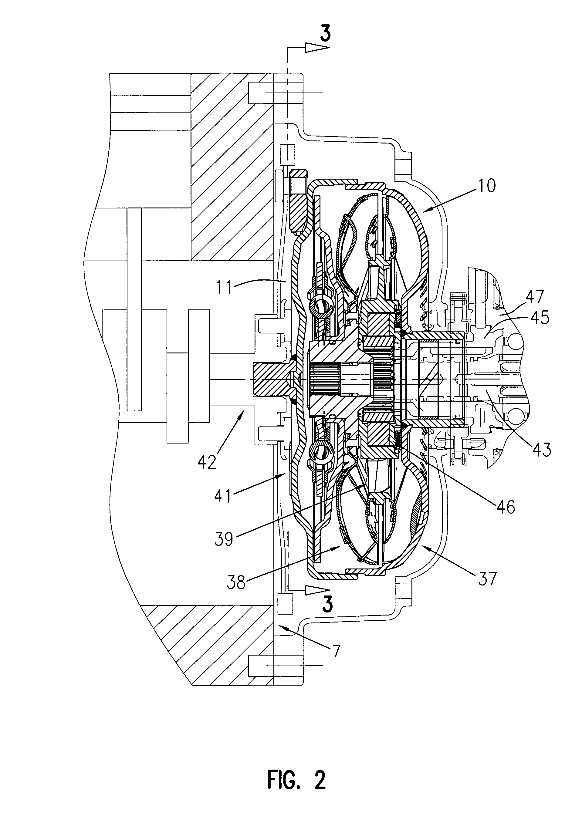 Multi function torque converter with axially stacked clutches and method of controlling hydraulic pressure and flow