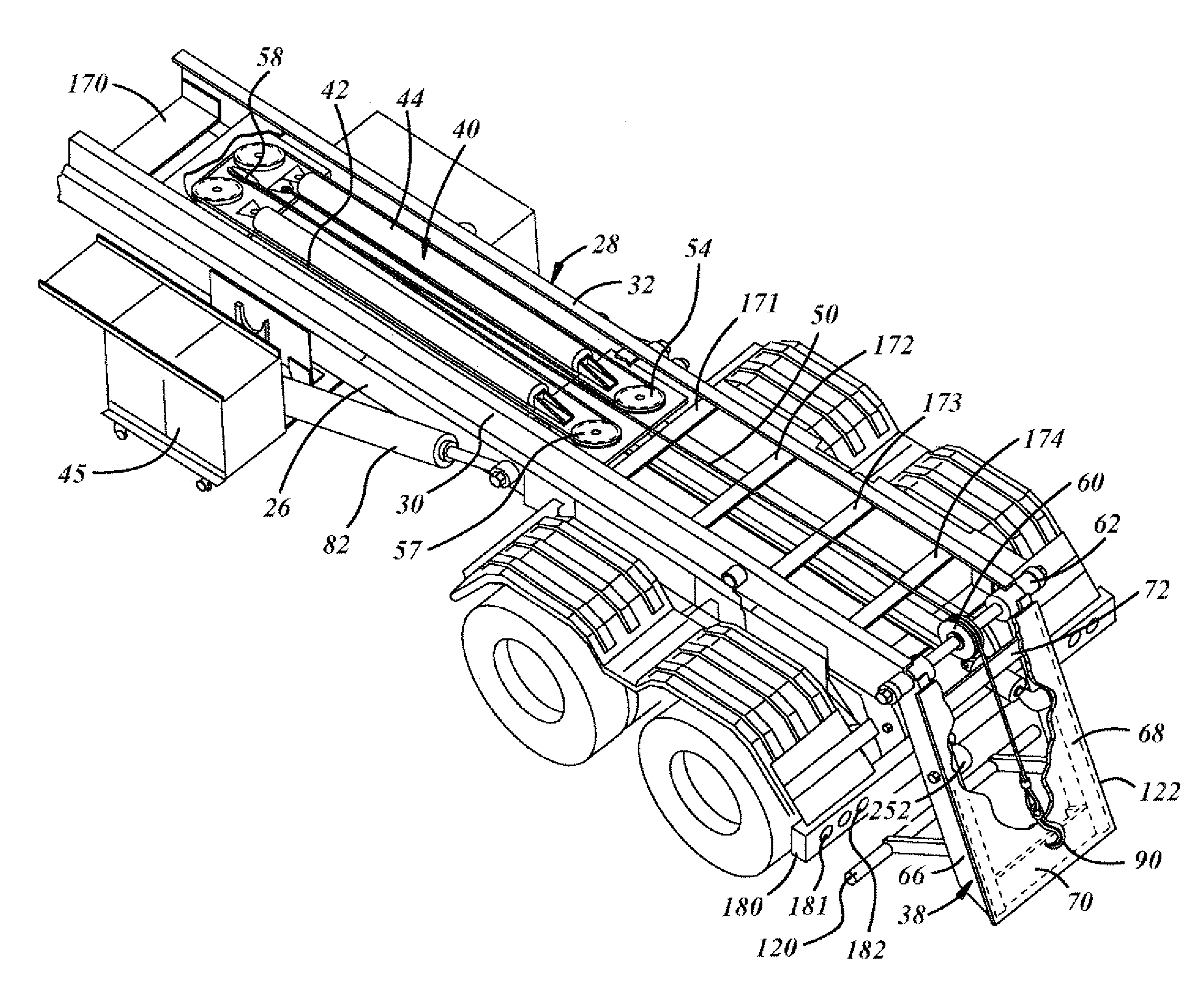 Roll off hoist with hinged tail and hydraulic reeving system