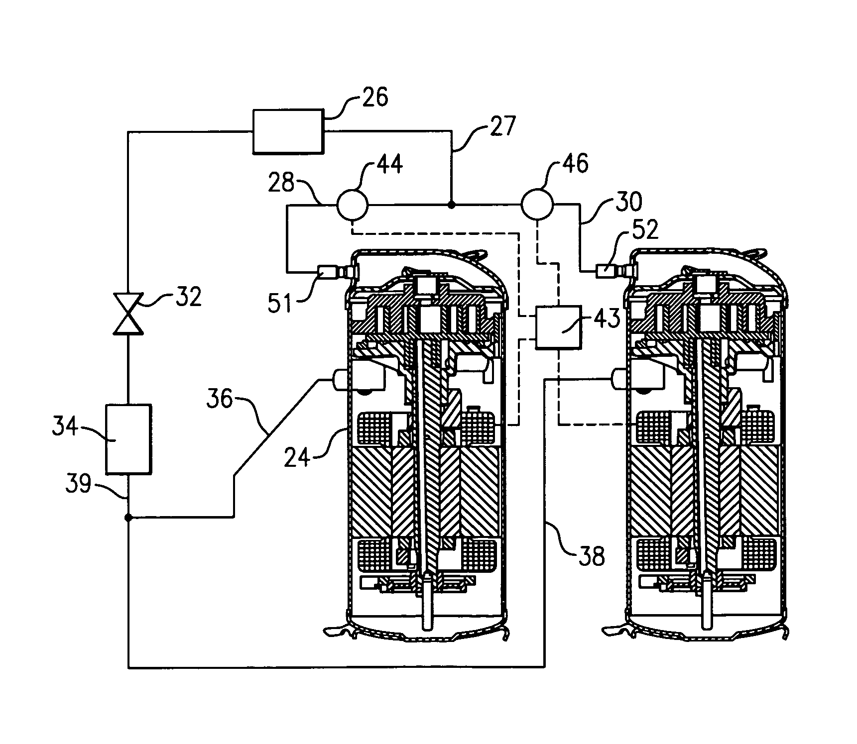 Tandem compressors with discharge valve on connecting lines