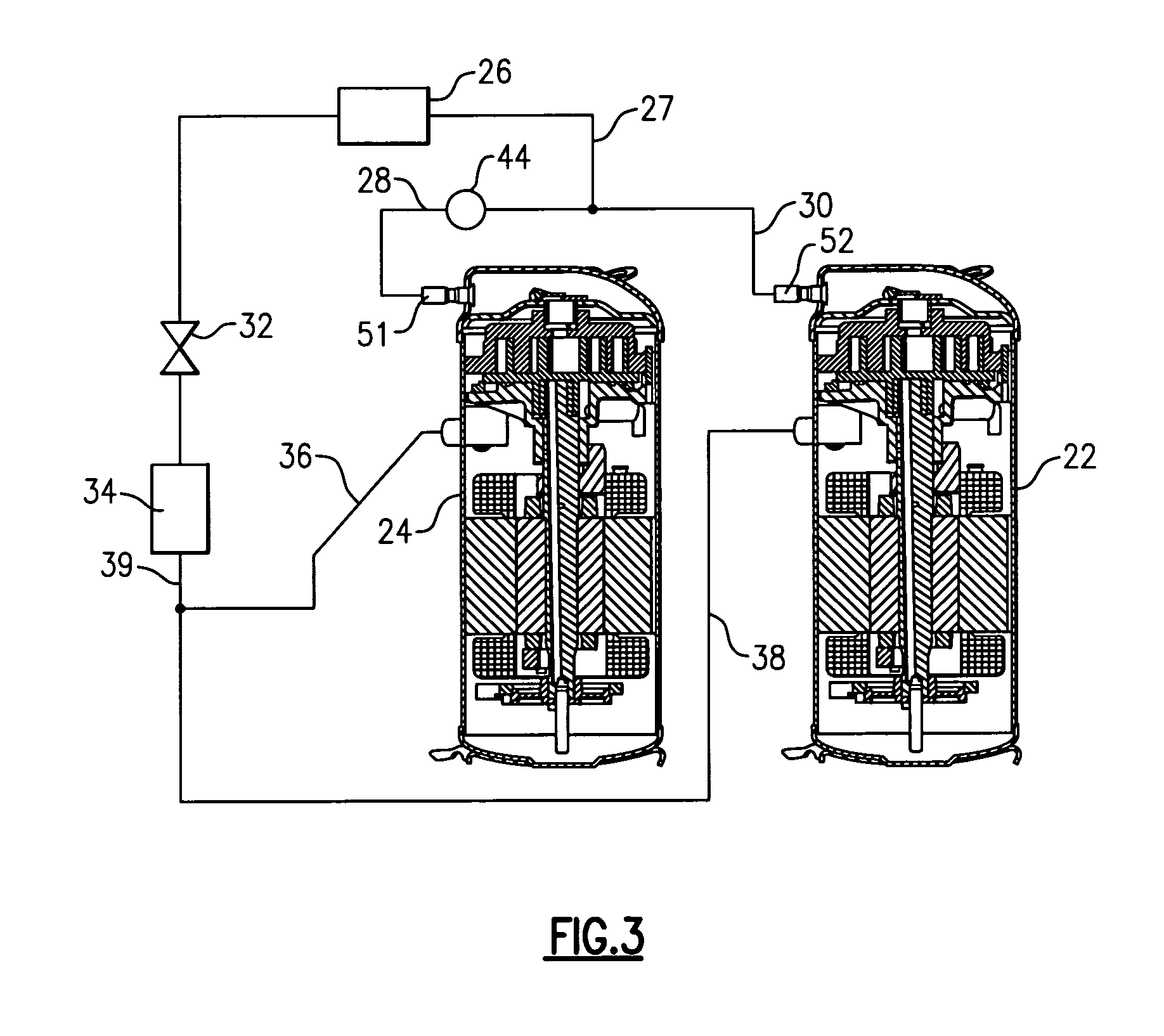 Tandem compressors with discharge valve on connecting lines