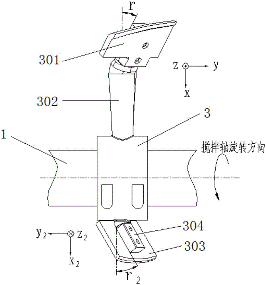 Double-horizontal-shaft vibrating and stirring device with main blades and auxiliary blades