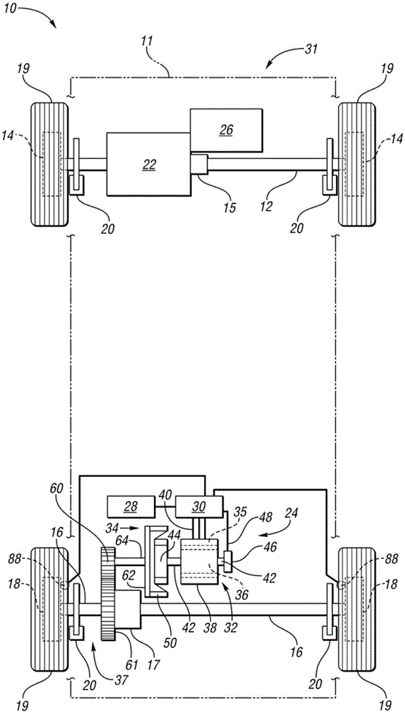 Hybrid powertrain with centrifugally actuated electric motor disconnect clutch and control method