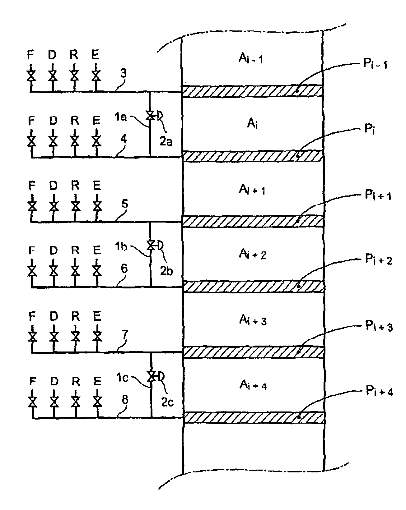 Process and device for simulated moving bed separation with a reduced number of valves and lines